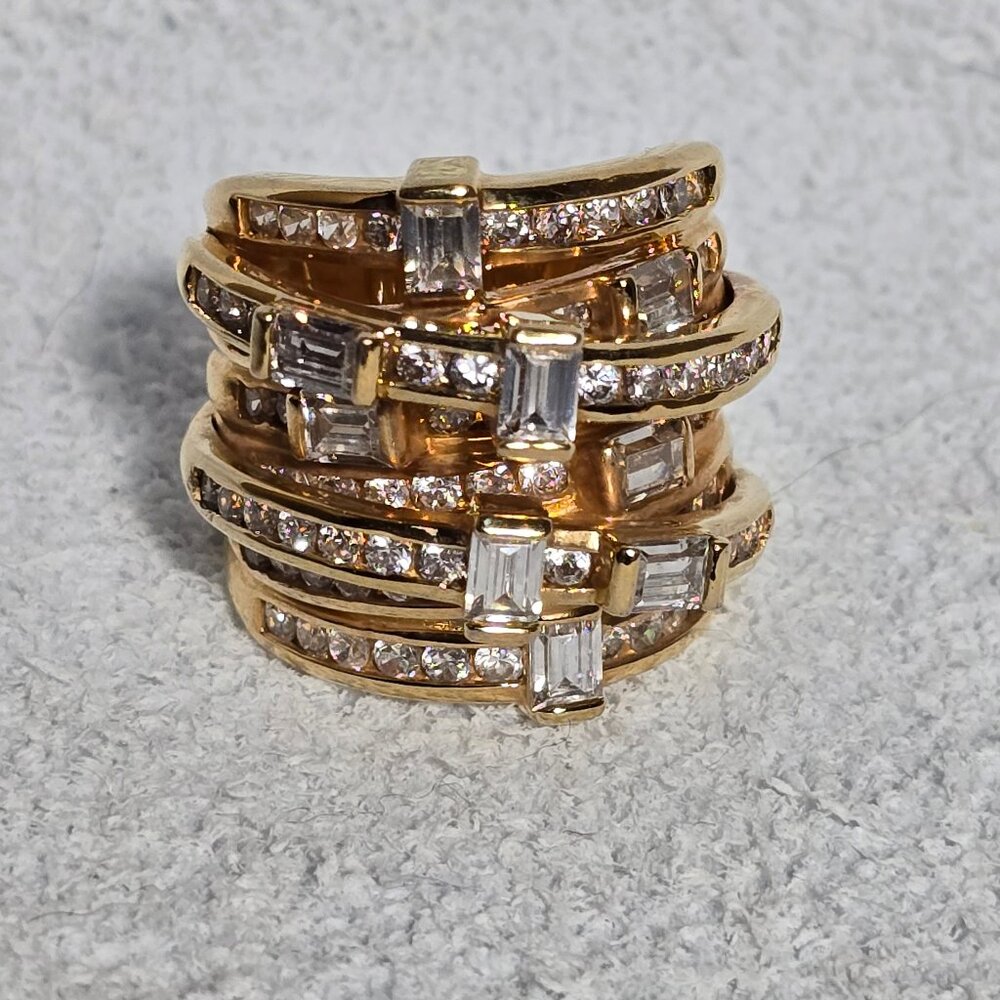 PAJ China Gold Tone Multi-Row Highway Ring • Round & Baguette Accent Stones